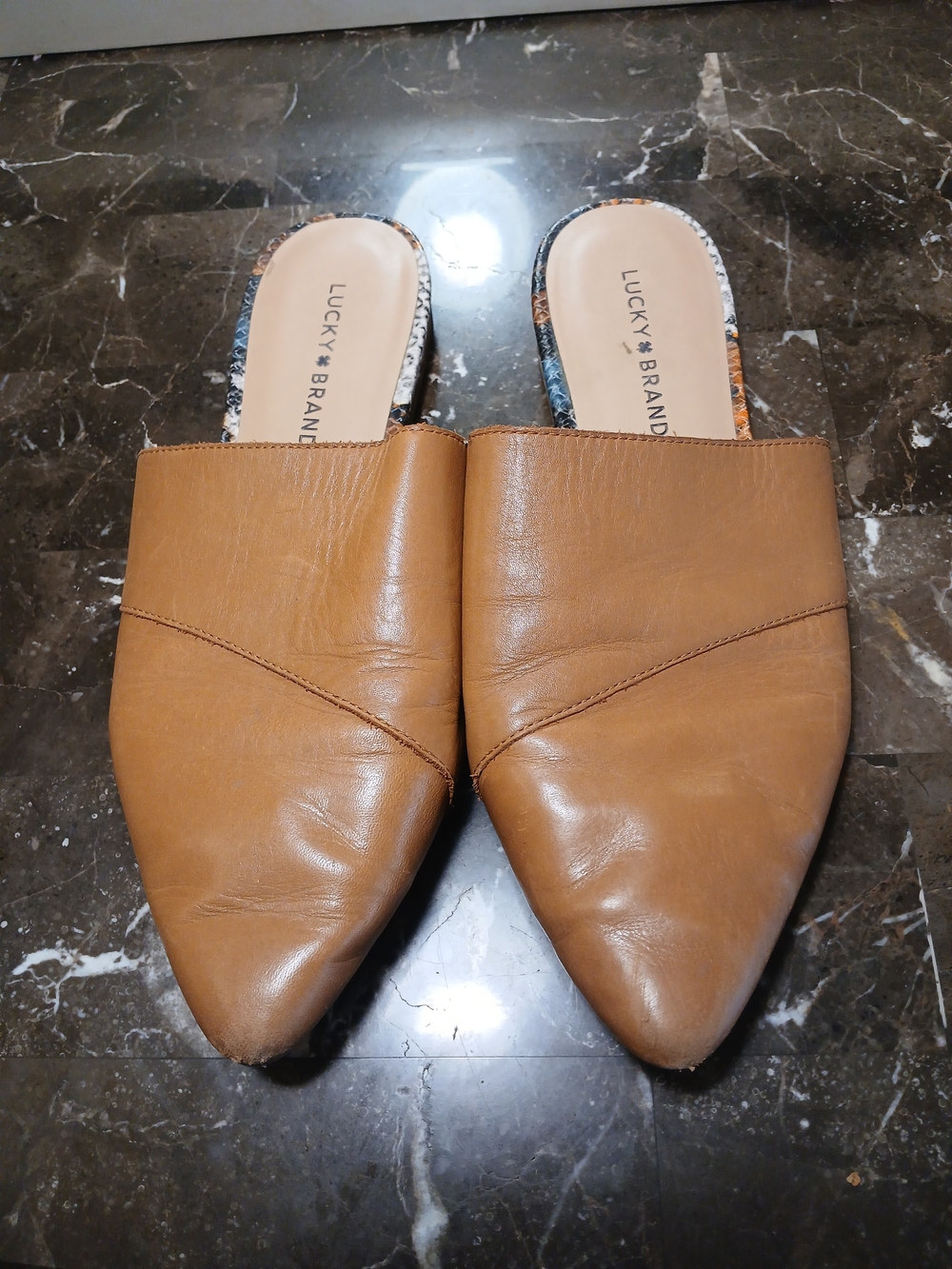 Lucky Brand Camel Leather Pointed Slip-On Mules